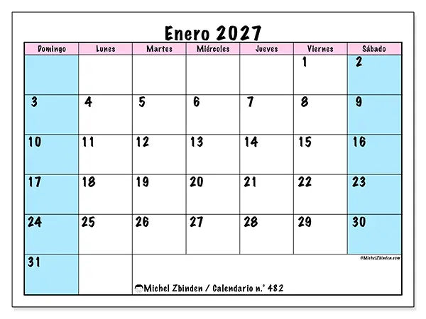 Calendario de enero de 2027 para imprimir - Horario de equipo - Semana: de domingo a sábado