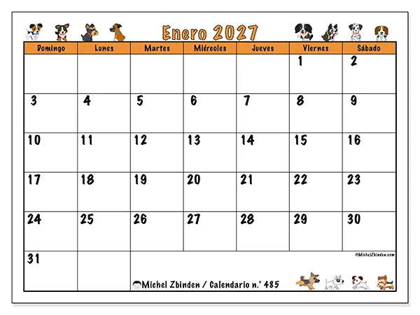 Calendario de enero de 2027 para imprimir - Perros entusiastas - Semana: de domingo a sábado