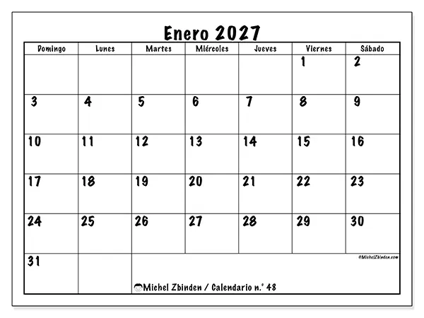 Calendario de enero de 2027 para imprimir - Eficiencia diaria - Semana: de domingo a sábado
