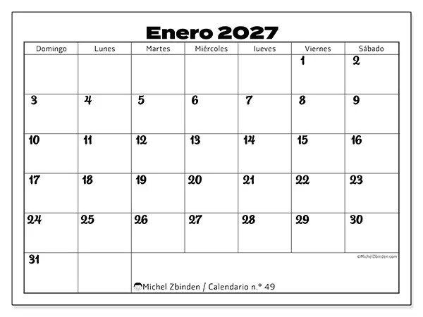 Calendario de enero de 2027 para imprimir - Coordinación productiva - Semana: de domingo a sábado