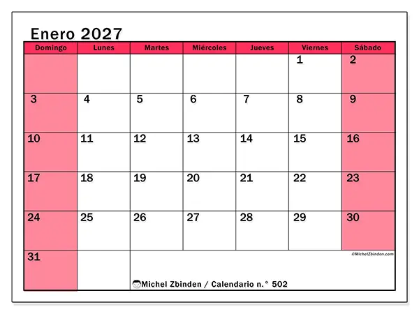 Calendario de enero de 2027 para imprimir - Gestión luminosa - Semana: de domingo a sábado