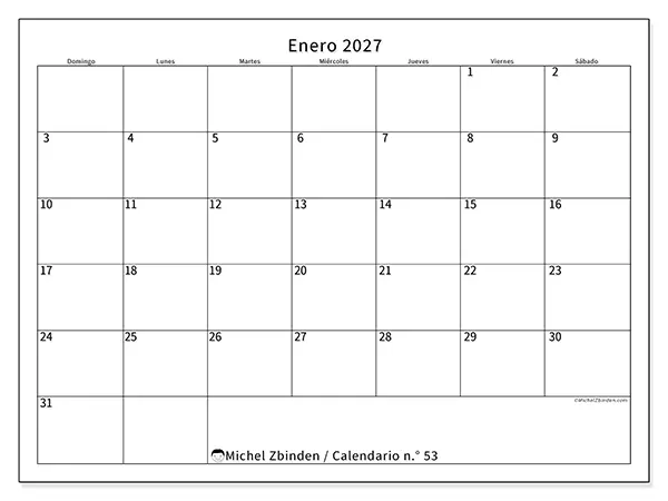 Calendario de enero de 2027 para imprimir - Horario eficiente - Semana: de domingo a sábado