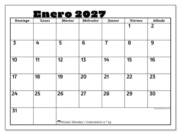 Calendario de enero de 2027 para imprimir - Actividades en familia - Semana: de domingo a sábado