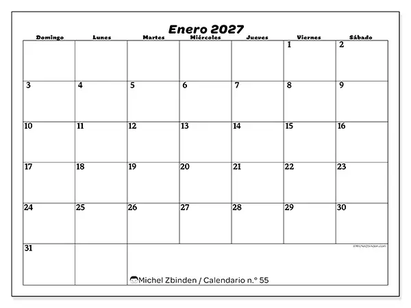 Calendario de enero de 2027 para imprimir - Organización del ocio - Semana: de domingo a sábado