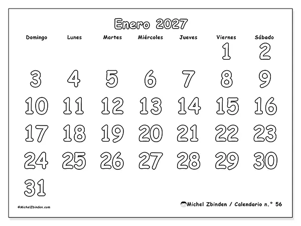 Calendario de enero de 2027 para imprimir - Colorear útil - Semana: de domingo a sábado