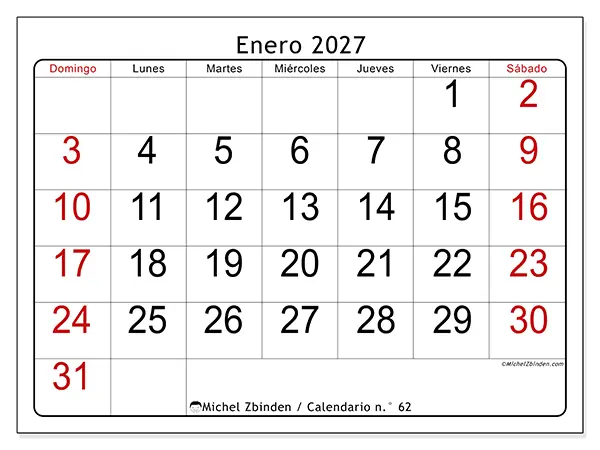Calendario de enero de 2027 para imprimir - Lectura rápida - Semana: de domingo a sábado