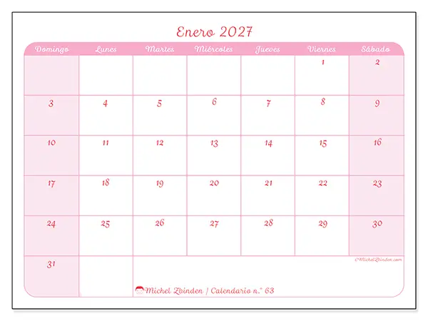 Calendario de enero de 2027 para imprimir - Organización en suavidad - Semana: de domingo a sábado