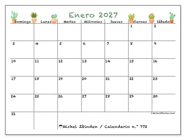 Calendario de enero de 2027 para imprimir - Cactus decorativos - Semana: de domingo a sábado