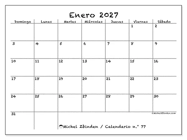 Calendario de enero de 2027 para imprimir - Escuela y familia - Semana: de domingo a sábado