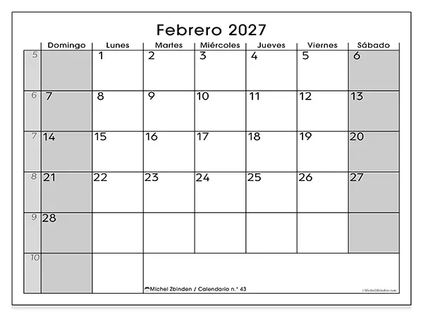 Calendario de febrero de 2027 para imprimir - Organización perfecta - Semana: de domingo a sábado