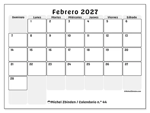 Calendario de febrero de 2027 para imprimir - Planificación estructurada - Semana: de domingo a sábado