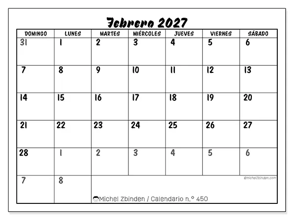 Calendario de febrero de 2027 para imprimir - Organización detallada - Semana: de domingo a sábado