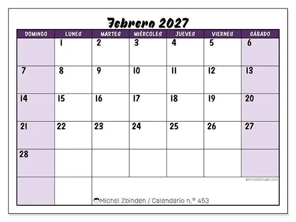 Calendario de febrero de 2027 para imprimir - Eficiencia colorida - Semana: de domingo a sábado