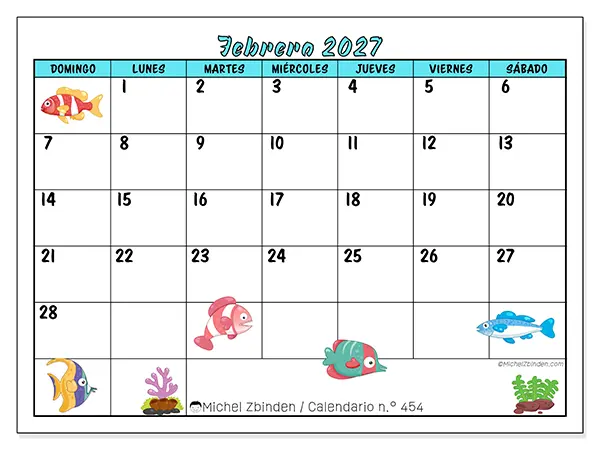 Calendario de febrero de 2027 para imprimir - Peces coloridos - Semana: de domingo a sábado