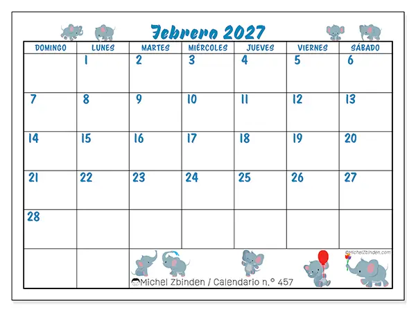 Calendario de febrero de 2027 para imprimir - Pequeños elefantes - Semana: de domingo a sábado