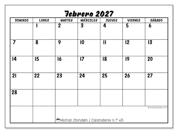 Calendario de febrero de 2027 para imprimir - Éxito escolar - Semana: de domingo a sábado