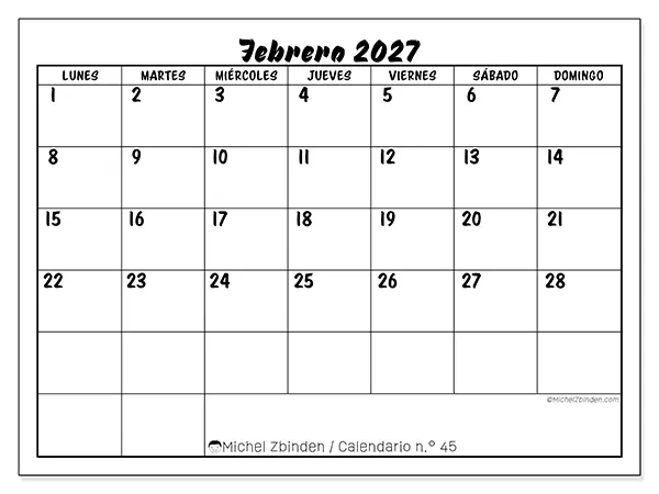 Calendario de febrero de 2027 para imprimir - Éxito escolar