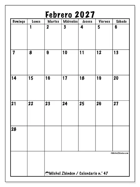 Calendario de febrero de 2027 para imprimir - Planificación eficiente - Semana: de domingo a sábado