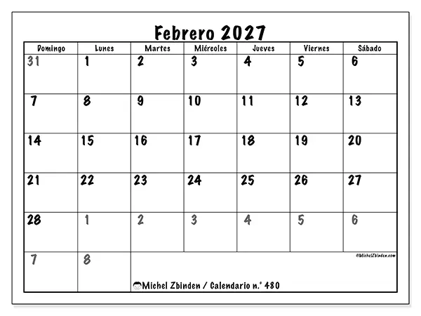 Calendario de febrero de 2027 para imprimir - Planificación completa - Semana: de domingo a sábado
