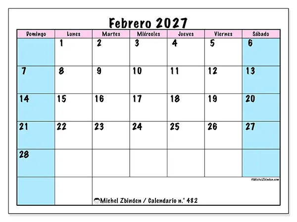 Calendario de febrero de 2027 para imprimir - Horario de equipo - Semana: de domingo a sábado