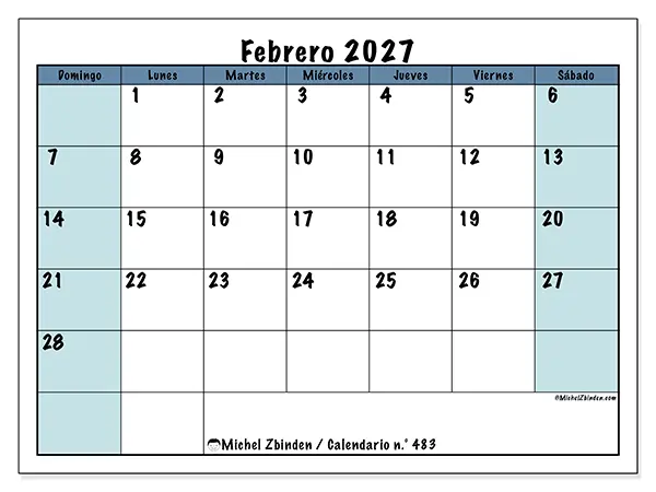 Calendario de febrero de 2027 para imprimir - Estructura para la escuela - Semana: de domingo a sábado