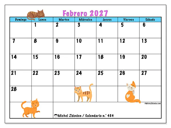 Calendario de febrero de 2027 para imprimir - Amor por los gatos - Semana: de domingo a sábado