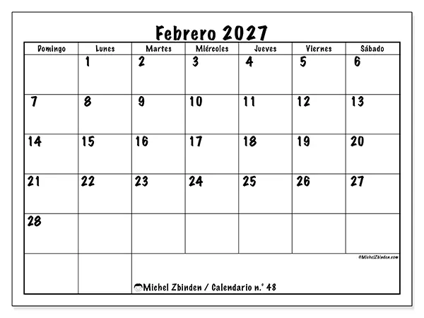 Calendario de febrero de 2027 para imprimir - Eficiencia diaria - Semana: de domingo a sábado