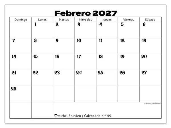 Calendario de febrero de 2027 para imprimir - Coordinación productiva - Semana: de domingo a sábado