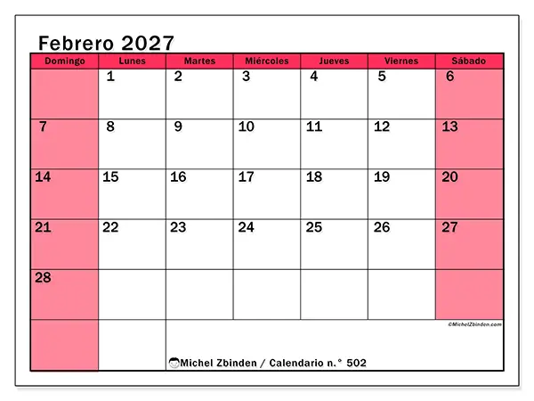 Calendario de febrero de 2027 para imprimir - Gestión luminosa - Semana: de domingo a sábado
