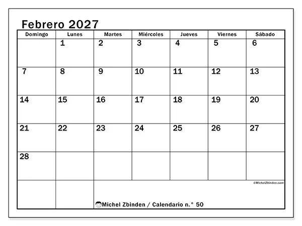 Calendario de febrero de 2027 para imprimir - Planificación óptima - Semana: de domingo a sábado
