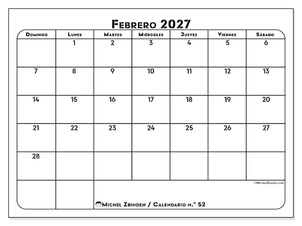 Calendario de febrero de 2027 para imprimir - Organización profesional - Semana: de domingo a sábado