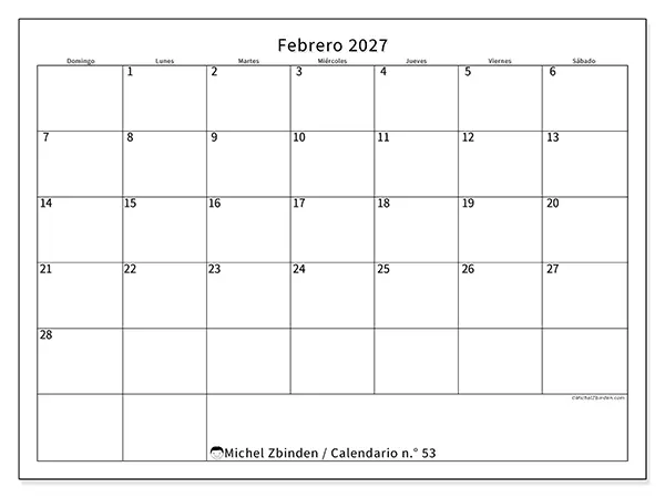 Calendario de febrero de 2027 para imprimir - Horario eficiente - Semana: de domingo a sábado