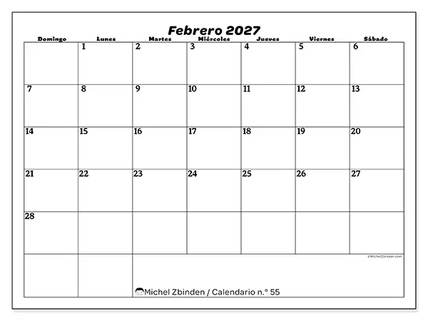 Calendario de febrero de 2027 para imprimir - Organización del ocio - Semana: de domingo a sábado