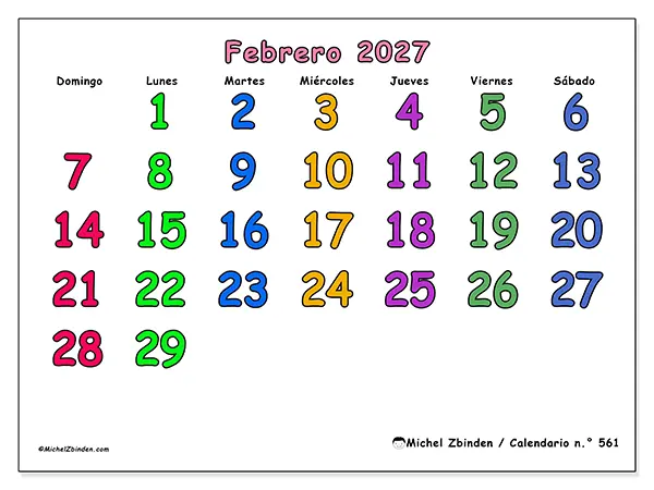 Calendario de febrero de 2027 para imprimir - Momentos creativos - Semana: de domingo a sábado