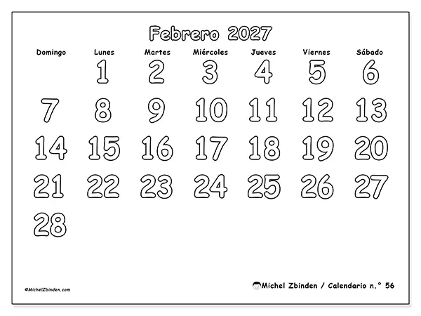 Calendario de febrero de 2027 para imprimir - Colorear útil - Semana: de domingo a sábado