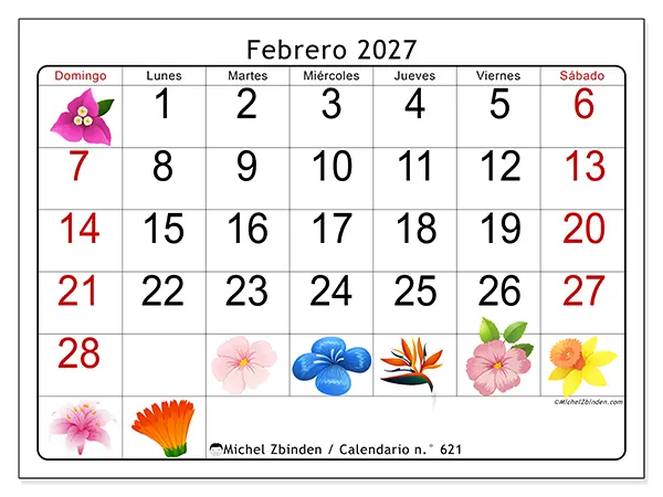 Calendario de febrero de 2027 para imprimir - Flores grandes - Semana: de domingo a sábado