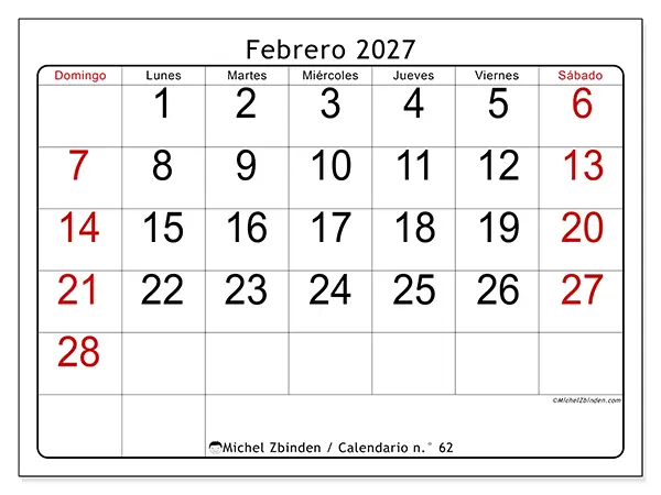 Calendario de febrero de 2027 para imprimir - Lectura rápida - Semana: de domingo a sábado