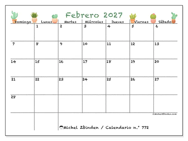 Calendario de febrero de 2027 para imprimir - Cactus decorativos - Semana: de domingo a sábado
