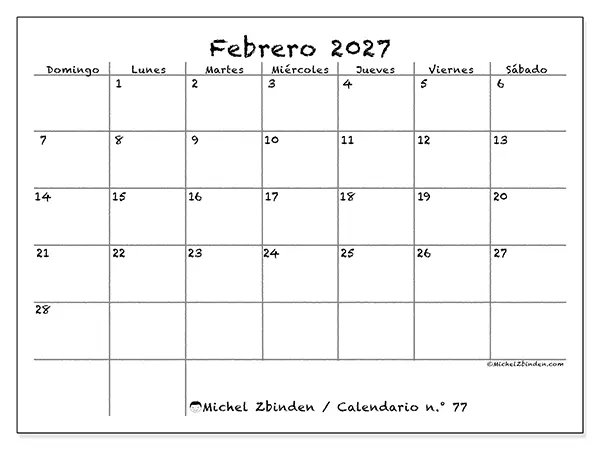 Calendario de febrero de 2027 para imprimir - Escuela y familia - Semana: de domingo a sábado
