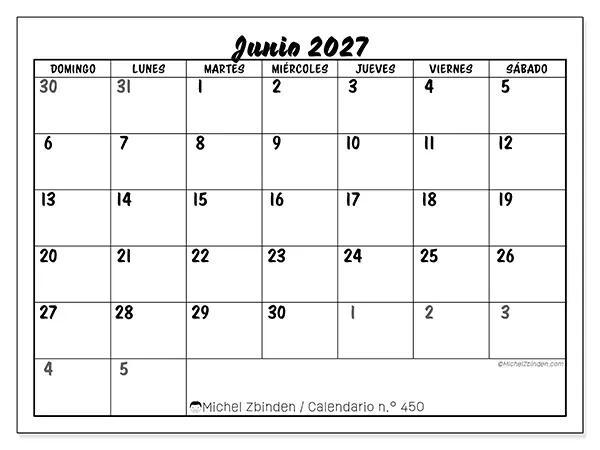 Calendario de junio de 2027 para imprimir - Organización detallada - Semana: de domingo a sábado