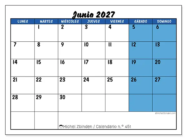Calendario de junio de 2027 para imprimir - Organización dinámica