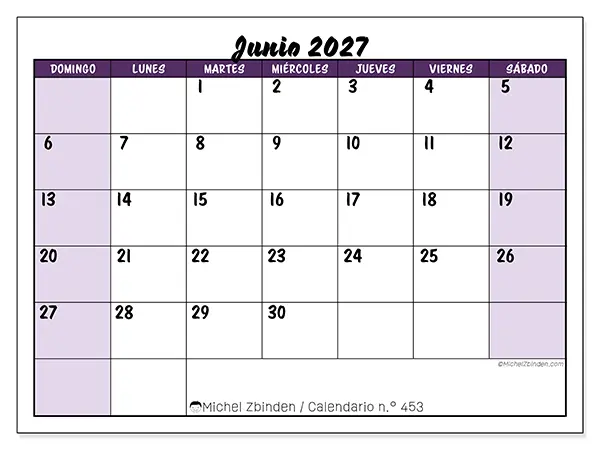 Calendario de junio de 2027 para imprimir - Eficiencia colorida - Semana: de domingo a sábado