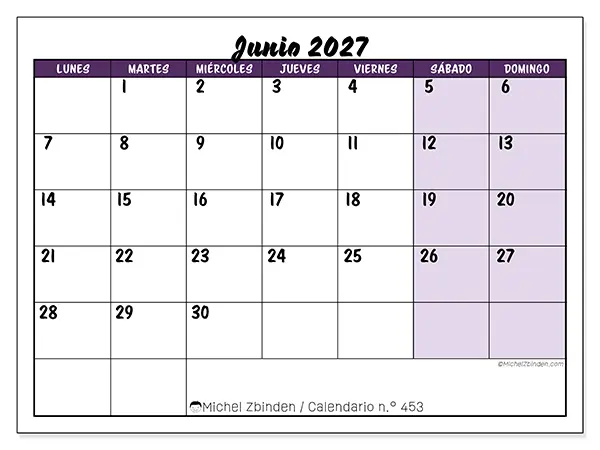 Calendario de junio de 2027 para imprimir - Eficiencia colorida
