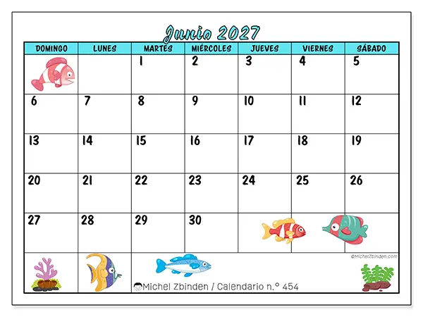 Calendario de junio de 2027 para imprimir - Peces coloridos - Semana: de domingo a sábado