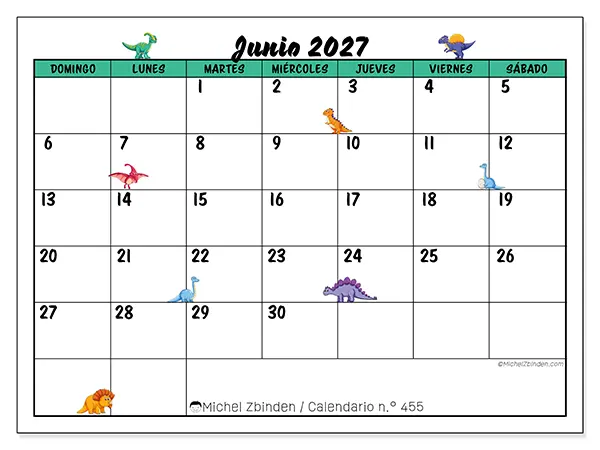 Calendario de junio de 2027 para imprimir - Pequeños dinosaurios - Semana: de domingo a sábado