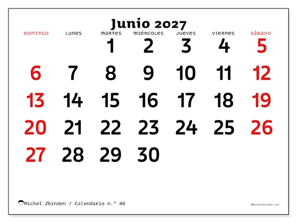 Calendario de junio de 2027 para imprimir - Visión clara - Semana: de domingo a sábado