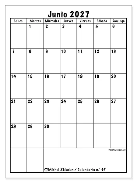Calendario de junio de 2027 para imprimir - Planificación eficiente