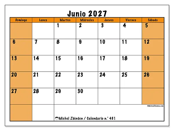 Calendario de junio de 2027 para imprimir - Planificación dinámica - Semana: de domingo a sábado