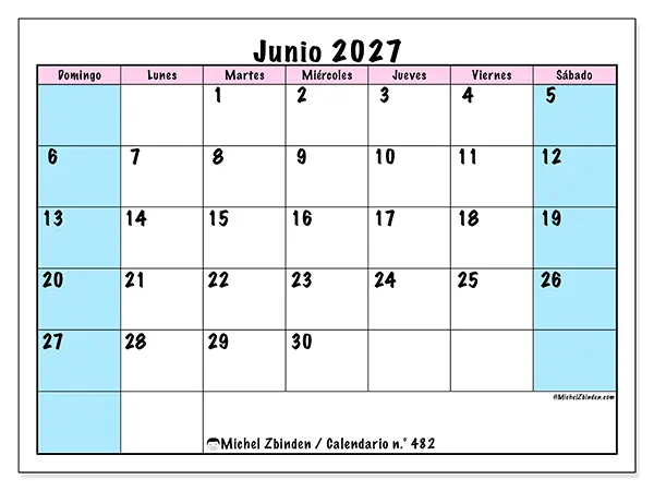 Calendario de junio de 2027 para imprimir - Horario de equipo - Semana: de domingo a sábado