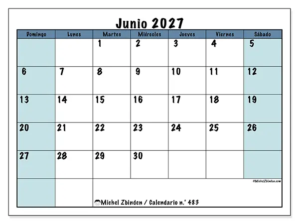 Calendario de junio de 2027 para imprimir - Estructura para la escuela - Semana: de domingo a sábado